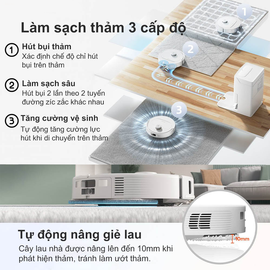 Làm sạch 3 cấp độ và tự động nâng giẻ khi gặp thảm